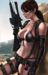  1girl absurdres artist_name bikini black_bikini breasts brown_hair cleavage closed_eyes closed_mouth dandon_fuga day facepaint front-tie_bikini front-tie_top gun highres holding holding_gun holding_weapon large_breasts leaning_back lips metal_gear_(series) metal_gear_solid_v navel outdoors paid_reward patreon_reward ponytail quiet_(metal_gear) rifle sniper_rifle solo suspenders swimsuit torn_clothes torn_legwear weapon 