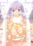  1girl bangs bath bathtub blue_eyes blue_hair blurry blurry_background blush collarbone commentary_request day depth_of_field eyebrows_visible_through_hair faucet from_above gochuumon_wa_usagi_desu_ka? hair_between_eyes hair_ornament hands_up kafuu_chino knees_up long_hair looking_at_viewer looking_up nude parted_lips partially_submerged sitting solo sunlight very_long_hair water window x_hair_ornament yuizaki_kazuya 