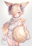  1boy animal_ears bangs bare_legs blonde_hair blush commentary_request contrapposto cow_boy crossdressinging dress erune fang fingernails fox_ears fox_tail granblue_fantasy hair_ornament hair_over_one_eye highres kou_(granblue_fantasy) large_tail long_hair looking_at_viewer one_eye_covered open_mouth ribbed_sweater shigaraki_(strobe_blue) simple_background sleeves_past_wrists solo standing sweater sweater_dress tail tail_hug white_background white_sweater yellow_eyes 