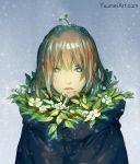  1girl brown_hair closed_mouth coat commentary english_commentary green_eyes highres long_hair looking_at_viewer original plant sketch snowing solo sprout sprout_on_head upper_body watermark web_address wenqing_yan winter 