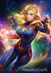  1girl abs blonde_hair blue_eyes bodysuit breasts captain_marvel carol_danvers earrings fingerless_gloves gloves highres impossible_bodysuit impossible_clothes jewelry large_breasts marvel ms._marvel nudtawut_thongmai skin_tight sky smile solo star_(sky) starry_sky stud_earrings tagme 