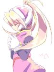  1girl bangs blonde_hair ciel_(rockman) closed_eyes eyebrows_visible_through_hair female gloves hands_clasped hands_together headgear high_ponytail kokurizero long_hair own_hands_together ponytail profile rockman rockman_zero simple_background sketch solo white_background 