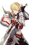  1boy armor blonde_hair blue_eyes breastplate clarent commentary_request fate/grand_order fate_(series) faulds full_armor gauntlets genderswap genderswap_(ftm) grin holding holding_sword holding_weapon huge_weapon looking_at_viewer mordred_(fate) mordred_(fate)_(all) pauldrons signature simple_background smile solo sword unagipang weapon white_background 