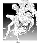  1girl 2boys accelerator ahoge choker dress feathered_wings feathers greyscale hira_(mcohira) jacket kakine_teitoku last_order long_sleeves monochrome multiple_boys multiple_wings sandals shirt shoes short_hair striped striped_shirt to_aru_majutsu_no_index wings 