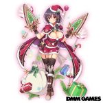  1girl back_bow black_bow black_hair black_legwear blush boots bow breasts brown_footwear candy candy_cane cape christmas cleavage closed_mouth dagger dual_wielding flower flower_knight_girl food full_body fur_trim gift hat holding holding_weapon jamadhar knee_boots large_breasts looking_at_viewer night_phlox_(flower_knight_girl) object_namesake official_art red_cape red_eyes red_hat red_skirt santa_costume santa_hat short_hair skirt smile solo sparkle standing thigh-highs thigh_strap utsurogi_akira weapon white_bow zettai_ryouiki 