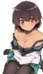  1girl absurdres bangs bare_shoulders between_legs black_tank_top blush breasts brown_hair brown_legwear cleavage collarbone commentary_request dark_skin eyebrows_visible_through_hair green_skirt hair_between_eyes hand_between_legs head_tilt highres kazenoko long_sleeves looking_at_viewer medium_breasts no_shoes off_shoulder original pantyhose parted_lips pleated_skirt red_eyes revision shirt simple_background sitting skirt solo strap_slip tank_top wariza white_background white_shirt 