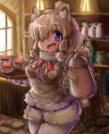 1girl :d alpaca_ears alpaca_suri_(kemono_friends) alpaca_tail animal_ears bangs blonde_hair blurry blurry_background bodystocking breast_pocket coffee_pot commentary_request cup day drink eyebrows_visible_through_hair fur-trimmed_sleeves fur_scarf fur_trim hair_bun hair_over_one_eye hands_up highres holding holding_pot holding_tray indoors kemono_friends light long_sleeves looking_at_viewer medium_hair neck_ribbon open_mouth pocket ribbon scarf shiitake_fuumi shorts smile solo standing sweater_vest tail tongue tray upper_body violet_eyes window 