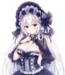  1girl bangs black_capelet black_dress black_flower black_rose blush breasts capelet cleavage closed_mouth dress eyebrows_visible_through_hair finger_to_mouth fingernails flower gothic_lolita grey_flower grey_rose hair_between_eyes hand_up head_tilt index_finger_raised large_breasts lolita_fashion looking_at_viewer mitsuba_choco original red_eyes rose see-through sidelocks silver_hair simple_background smile solo strapless strapless_dress upper_body white_background 