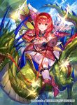  1girl alternate_costume armor axe dragon fire_emblem fire_emblem:_mystery_of_the_emblem fire_emblem_cipher fuji_choko hairband headband long_hair looking_at_viewer maria_(fire_emblem) nintendo official_art open_mouth red_eyes redhead short_hair simple_background smile solo wings 