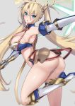  1girl akatuki_ikki armpits ass blonde_hair blue_eyes blush boots bradamante_(fate/grand_order) braid breasts cleavage elbow_gloves fate/grand_order fate_(series) french_braid gloves hair_between_eyes hair_ribbon highres knee_boots large_breasts legs_folded long_hair looking_at_viewer open_mouth outstretched_arm ribbon simple_background solo twintails 
