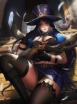  1girl ammunition bell belt belt_buckle bird black_panties boots breasts buckle bullet caitlyn_(league_of_legends) chains chimney feathers gloves gun hat highres holding holding_gun holding_weapon house kaze_no_gyouja league_of_legends long_hair panties pantyshot parted_lips pigeon purple_hair rifle sitting sky solo thigh-highs underwear violet_eyes weapon 