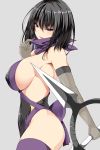  1girl ar_(lover_boy) bandanna bangs bare_shoulders black_hair breasts commentary_request elbow_gloves erect_nipples from_side gloves hair_between_eyes highres holding holding_weapon large_breasts original parted_lips purple_bandana short_hair sideboob thigh-highs violet_eyes weapon 