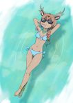  1girl afloat animal_ears anklet antlers arms_behind_head arms_up axis_deer_(kemono_friends) bare_arms bare_legs barefoot bikini blue_bikini blue_swimsuit braid brown_hair collarbone commentary_request dangorou_(yushi-art) dark_skin day deer_ears deer_tail drinking drinking_straw from_above full_body japari_symbol jewelry kemono_friends legs_crossed long_hair navel outdoors side-tie_bikini side-tie_bottom single_braid solo stomach sunglasses swimsuit tail toes water 