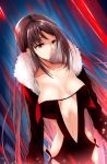  1girl bangs breasts brown_dress brown_hair brown_jacket collarbone commentary_request consort_yu_(fate) dress dutch_angle eyebrows_visible_through_hair fate/grand_order fate_(series) fur-trimmed_jacket fur_trim jacket long_hair long_sleeves looking_away looking_down looking_to_the_side medium_breasts navel red_eyes ribbon-trimmed_dress ribbon_trim sasakuma_kyouta solo strapless strapless_dress very_long_hair 