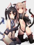  2girls animal_ears bangosu bangs bare_shoulders bell black_hair black_legwear black_leotard blush bow breasts brown_eyes cat_ears cat_girl cat_tail center_opening commentary_request eyebrows_visible_through_hair fate/kaleid_liner_prisma_illya fate_(series) fur_collar gloves grey_legwear grey_shirt hair_between_eyes hair_bow hair_ornament hairclip illyasviel_von_einzbern jingle_bell kemonomimi_mode kneeling leotard light_brown_hair long_hair miyu_edelfelt multiple_girls navel parted_lips paw_gloves paws red_bow red_eyes shirt simple_background sleeveless sleeveless_shirt small_breasts tail tail_raised thigh-highs twintails very_long_hair 