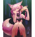  1girl :d alle_gro animal_ear_fluff animal_ears bangs bare_arms bare_shoulders black_dress blush breasts brown_eyes commentary_request double_bun dress eyebrows_visible_through_hair fan fate/grand_order fate_(series) fingernails folding_fan fox_ears fox_girl fox_tail glasses hair_between_eyes hair_ornament head_tilt heart holding holding_fan koyanskaya long_hair medium_breasts nail_polish open_mouth pink_hair side_bun sidelocks sleeveless sleeveless_dress smile solo spoken_heart squatting tail tamamo_(assassin)_(fate) tamamo_(fate)_(all) translation_request under_boob 