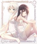  2girls aqua_eyes armpits back-to-back bangs bare_arms bare_shoulders between_legs black_hair blush closed_mouth collarbone dress eyebrows_visible_through_hair flat_chest flower frame frilled_dress frills hand_in_hair hand_up head_tilt highres huwali_(dnwls3010) knees_up leg_hug light_particles light_smile long_hair looking_at_viewer multiple_girls original parted_lips red_eyes rose shiny shiny_hair short_hair sidelocks sitting wariza white_dress white_flower white_hair white_rose 