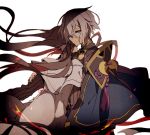  1boy 1girl akuta_hinako black_sweater blood blood_on_face blue_eyes brown_hair capelet chinese_clothes commentary_request eyebrows_visible_through_hair fate/grand_order fate_(series) gao_changgong_(fate) hair_between_eyes hair_over_one_eye hand_on_another&#039;s_arm hiiragi_fuyuki hug imminent_bite light_smile long_hair ribbed_sweater short_hair simple_background sweater turtleneck turtleneck_sweater vampire very_long_hair white_background white_capelet white_hair 