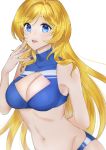  1girl blonde_hair blue_eyes breasts cleavage_cutout highres konno_shimako large_breasts long_hair looking_at_viewer melua_melna_meia simple_background smile solo super_robot_wars super_robot_wars_judgement super_robot_wars_og_moon_dwellers super_robot_wars_original_generation white_background 