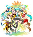  2boys 4girls 7:24 :d ;d ^_^ aqua_eyes black_skirt blue_hair blue_neckwear blush blush_stickers boots brown_eyes closed_eyes closed_eyes coat detached_sleeves eyebrows_visible_through_hair finger_to_mouth floating_hair full_body gradient gradient_background grey_shirt hair_ribbon happy hatsune_miku headset highres hug jumping kagamine_len kagamine_rin kaito long_hair looking_at_viewer megurine_luka meiko multicolored multicolored_background multiple_boys multiple_girls necktie one_eye_closed open_mouth pink_hair red_eyes red_skirt ribbon salute scarf shirt shorts simple_background skirt sleeveless sleeveless_shirt smile thigh-highs thighs twintails upper_body v very_long_hair vocaloid white_background white_ribbon 
