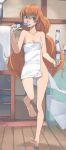  1girl akinbo_(hyouka_fuyou) barefoot blue bottle breasts brown_hair cleavage collarbone eyes hair_between_eyes highres holding houjou_hibiki indoors leg_up long_hair mouth_hold naked_towel precure shiny shiny_hair small_breasts solo standing standing_on_one_leg suite_precure towel very_long_hair white_towel 