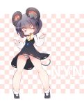  1girl animal_ear_fluff animal_ears character_name commentary cookie_(touhou) dress fang full_body grey_hair highres jewelry master_nabesama mouse_ears mouse_tail nazrin necklace nyon_(cookie) panties pantyshot pantyshot_(standing) patterned_background red_eyes solo standing striped striped_panties tail touhou underwear 