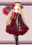  1girl abigail_williams_(fate/grand_order) balloon bangs black_bow black_dress black_hat black_legwear blonde_hair blue_eyes blush bow brown_background closed_mouth commentary_request dress eyebrows_visible_through_hair fate/grand_order fate_(series) forehead frilled_dress frills hair_bow hat long_sleeves looking_at_viewer object_hug pantyhose parted_bangs red_bow sakipsakip sleeves_past_fingers sleeves_past_wrists solo standing stuffed_animal stuffed_toy teddy_bear twitter_username 