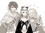  1boy 2girls alfonse_(fire_emblem) arm_hug armor artist_name braid breasts brother_and_sister cape choker cleavage closed_eyes crown_braid dress earrings eir_(fire_emblem) fire_emblem fire_emblem_heroes gloves hair_ornament jewelry long_hair monochrome multiple_girls nintendo open_mouth parted_lips sasaki_(dkenpisss) sharena short_hair siblings simple_background v white_background 