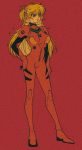  1girl bangs bodysuit breasts full_body hair_between_eyes hand_on_hip medium_breasts multicolored multicolored_clothes neon_genesis_evangelion number open_mouth orange_hair pikurusu pilot_suit plugsuit red_background red_bodysuit simple_background skin_tight solo souryuu_asuka_langley standing 