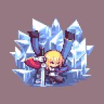  1boy blazblue holding holding_sword holding_weapon ice jacket kisaragi_jin kneeling lowres pixel_art solo sword weapon 