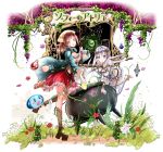  2girls :o atelier_(series) atelier_sophie blue_cape boots breasts brown_footwear brown_hair brown_ribbon cape cauldron cleavage copyright_name corset dia_(saotoko) eyebrows_visible_through_hair floating_hair frilled_skirt frills green_eyes hair_ornament highres holding leg_up long_hair looking_at_viewer medium_breasts medium_skirt multiple_girls plachta ponytail red_skirt ribbon silver_hair skirt sophie_neuenmuller thigh-highs very_long_hair white_legwear wrist_ribbon yellow_eyes 