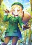  1girl :d axe beret blonde_hair blue_sky blush cannan clouds day fate/grand_order fate_(series) forest gloves green_hat green_jacket hat highres jacket leaf looking_at_viewer nature official_art open_mouth outdoors over_shoulder pantyhose paul_bunyan_(fate/grand_order) pocket short_hair sky smile standing yellow_eyes 