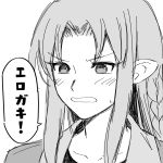  1girl angry blush braid caster collarbone fate/stay_night fate_(series) korikorikori looking_at_viewer monochrome pointy_ears portrait side_braid sketch solo speech_bubble translated 