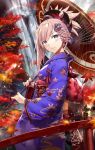  1girl autumn_leaves bangs blue_eyes blue_kimono blush breasts bridge closed_mouth earrings fate/grand_order fate_(series) from_side gabiran hair_ornament holding holding_umbrella japanese_clothes jewelry kimono large_breasts lens_flare long_hair looking_at_viewer miyamoto_musashi_(fate/grand_order) obi oriental_umbrella outdoors pink_hair ponytail sash sidelocks smile solo umbrella water waterfall 