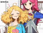  2girls ahoge aikatsu! aikatsu!_(series) bed blonde_hair bra_strap brown_eyes closed_eyes commentary_request curly_hair drooling eighth_note hair_brush hair_brushing hair_down hitoto indoors long_hair messy_hair multiple_girls musical_note off_shoulder open_mouth otoshiro_seira partially_colored redhead room saegusa_kii shelf shirt sketch sleepy t-shirt unfinished upper_body whistling zzz 