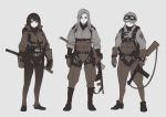  3girls assault_rifle belt between_breasts boots breasts closed_mouth coat contrapposto eyes_visible_through_hair genso glasses gloves goggles goggles_on_head grey_background greyscale gun hair_over_one_eye holding holding_gun holding_weapon limited_palette long_hair looking_at_viewer military military_uniform monochrome multiple_girls one_eye_covered original pants parachute pouch puffy_sleeves rifle shoes short_hair simple_background smile smith_&amp;_wesson_model_1940_light_rifle standing strap_cleavage uniform watch watch weapon 