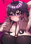  1girl :t ahoge armpits bad_id bad_twitter_id bangs bare_shoulders big_hair black_dress blush breasts cleavage crossed_bangs disembodied_limb dress eyebrows_visible_through_hair fingernails halterneck hands_up heart_ahoge highres huge_breasts long_hair looking_at_viewer mole mole_on_breast nyarla_(osiimi) original osiimi pink_background pout purple_hair simple_background solo solo_focus upper_body violet_eyes 