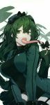  1girl asui_tsuyu bodysuit boku_no_hero_academia bow green_eyes green_hair highres long_hair long_tongue mgmg_1012 open_mouth simple_background solo tongue white_background 