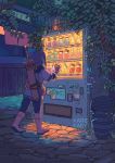  1girl artist_name boots bottle braid commentary english_commentary fantasy from_behind glowing jar kamille_areopagita leaf night original outdoors plant pointy_ears potion scabbard sheath sheathed solo standing sword vending_machine vines weapon 