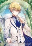  1boy arthur_pendragon_(fate) blue_neckwear blue_sky castle clouds company_name fate/grand_order fate_(series) floral_arch flower formal green_eyes hair_between_eyes holding holding_flower male_focus mura_karuki necktie official_art pants petals sky solo standing suit sunlight vest white_pants white_suit 