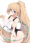  1girl :d bangs bare_shoulders between_breasts black-framed_eyewear blonde_hair blue_eyes blush breasts collarbone competition_swimsuit covered_nipples eyebrows_visible_through_hair fate/grand_order fate_(series) glasses hand_up head_tilt highres holding hoop hula_hoop jeanne_d&#039;arc_(fate)_(all) jeanne_d&#039;arc_(swimsuit_archer) large_breasts long_hair looking_at_viewer miko_92 one-piece_swimsuit open_mouth ponytail sideboob simple_background smile solo swimsuit very_long_hair whistle whistle_around_neck 