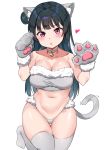  1girl animal_ears bangs bare_shoulders bell bell_choker black_hair blunt_bangs blush bra breasts cat_ears cat_tail choker cleavage collarbone fur_trim gloves hand_up head_tilt heart highres kemonomimi_mode large_breasts long_hair looking_at_viewer love_live! love_live!_sunshine!! navel panties paw_gloves paws pink_eyes side_bun simple_background solo stomach tail tem10 thigh-highs thigh_gap tsushima_yoshiko underwear underwear_only white_background white_bra white_choker white_legwear white_panties 