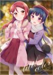  2018 2girls :d animal_hat bag bangs beret black_legwear black_skirt blue_hair blurry blush bokeh brown_hat cat_bag cat_hat clenched_hands commentary_request cover cover_page depth_of_field doujin_cover fur_collar grey_scarf hair_ornament hairclip half_updo hands_up hat hazuki_(sutasuta) highres holding_another&#039;s_arm holding_strap long_hair looking_at_viewer love_live! love_live!_sunshine!! multiple_girls open_mouth pantyhose pink_coat purple_coat red_shirt red_skirt redhead sakurauchi_riko scarf shirt shoulder_bag side_bun skirt smile thigh-highs tsushima_yoshiko turtleneck white_shirt winter_clothes 