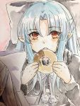  1girl :o blue_hair bow capelet doughnut eyebrows_visible_through_hair food fur_trim grey_bow grey_capelet grey_neckwear grey_ribbon hair_bow highres holding holding_food len long_hair long_sleeves looking_at_viewer neck_ribbon open_mouth photo pointy_ears red_eyes ribbon solo tanaji traditional_media tsukihime 