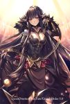  1girl absurdly_long_hair bangs bare_shoulders black_dress black_hair breasts bridal_gauntlets cleavage detached_sleeves dress fate/apocrypha fate/grand_order fate_(series) fur_collar fur_trim gloves hand_up heirou jewelry large_breasts long_dress long_hair looking_at_viewer open_mouth parted_lips pointy_ears semiramis_(fate) sidelocks smile solo tsurime very_long_hair yellow_eyes 