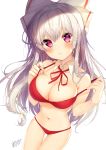  1girl absurdres armpit_crease ass_visible_through_thighs bangs bare_arms bare_shoulders bikini blush bow breasts cleavage closed_mouth commentary_request cowboy_shot detached_collar eyebrows_visible_through_hair fujiwara_no_mokou hair_bow hair_ribbon hands_up highres large_breasts long_hair looking_at_viewer navel neck_ribbon nenobi_(nenorium) pink_eyes red_bikini red_neckwear ribbon sidelocks signature simple_background solo star stomach strap_pull swimsuit touhou white_background white_bow white_hair white_ribbon 