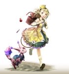 1girl animal atelier_(series) atelier_escha_&amp;_logy blonde_hair detached_sleeves dia_(saotoko) dress erlenmeyer_flask floating_hair hat highres loafers long_hair long_sleeves looking_at_viewer lucille_ernella open_mouth running shoes simple_background sleeveless sleeveless_dress socks solo test_tube white_background white_hat white_legwear white_sleeves yellow_dress yellow_eyes 