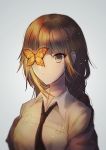  1girl blonde_hair brown_eyes brown_hair bug butterfly butterfly_on_head facial_scar girls_frontline grey_background highres insect light_smile long_hair m16a1_(girls_frontline) mole mole_under_eye multicolored_hair necktie scar solo streaked_hair upper_body xanax025 