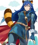  1girl a_meno0 animal_ears blue_dress blue_eyes blue_hair cape dress falchion_(fire_emblem) fingerless_gloves fire_emblem fire_emblem:_kakusei from_below gloves hair_between_eyes holding holding_sword holding_weapon long_hair lucina nintendo red_cape ribbed_legwear shoulder_armor sleeve_cuffs smile strap super_smash_bros. sword tail tiara tiger_ears tiger_stripes weapon 