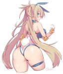 1girl animal_ears ass blonde_hair blue_eyes blush bradamante_(fate/grand_order) braid breasts bunny_girl bunny_tail closed_mouth commentary_request eyebrows_visible_through_hair fate/grand_order fate_(series) french_braid from_behind gloves leotard long_hair looking_at_viewer looking_back medium_breasts rabbit_ears shiny shiny_hair shiny_skin smile solo standing stroma tail thigh_strap twintails white_gloves white_leotard 